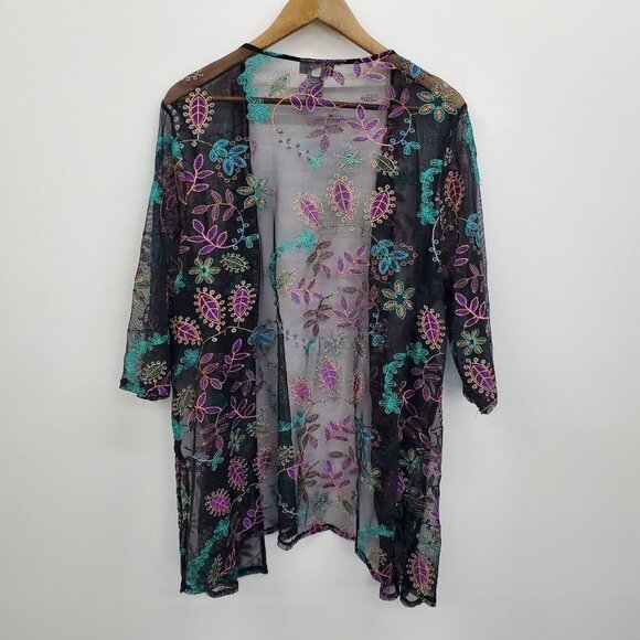 Catherines Floral Embroidered Sheer Cardigan Womens Plus 1X Black Open Front - Picture 4 of 11